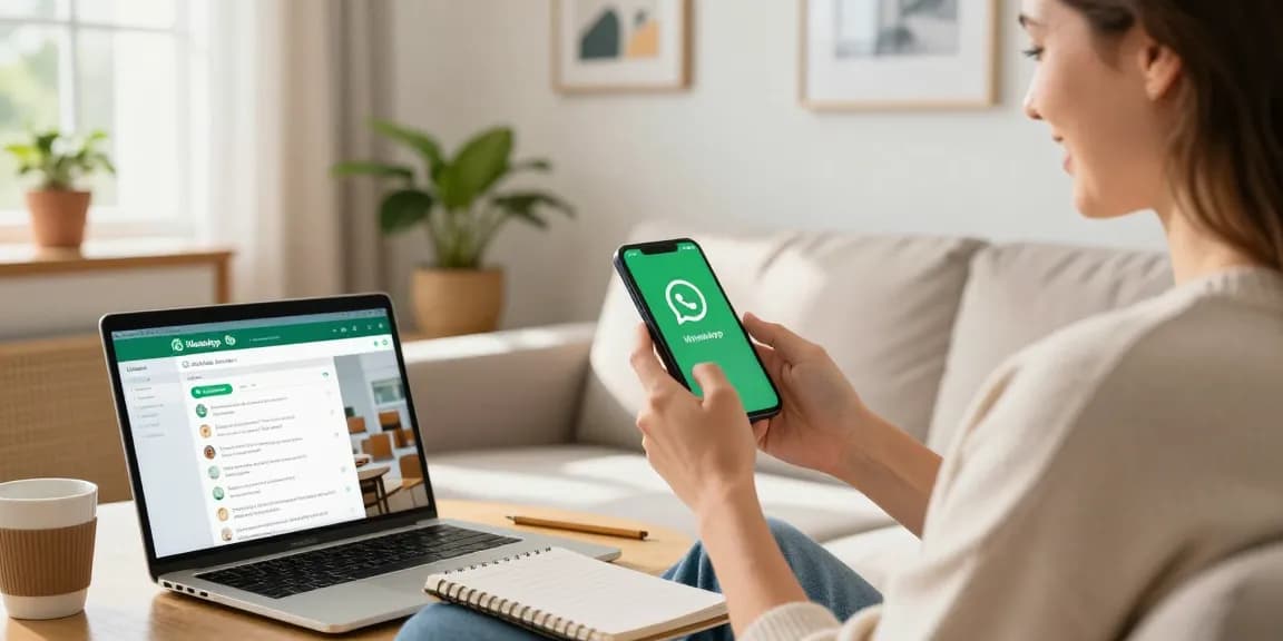 Easy WhatsApp下載 on a smartphone in a bright living room, showcasing user engagement with the app.