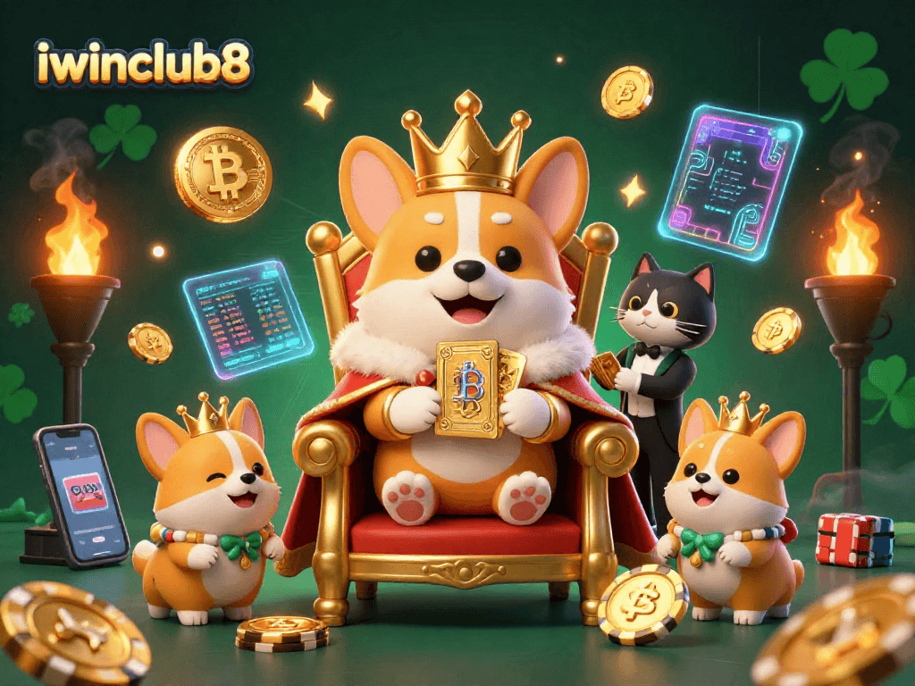 Experience the allure of iwinclub8 with a royal corgi on a poker chip throne, surrounded by crypto coins.