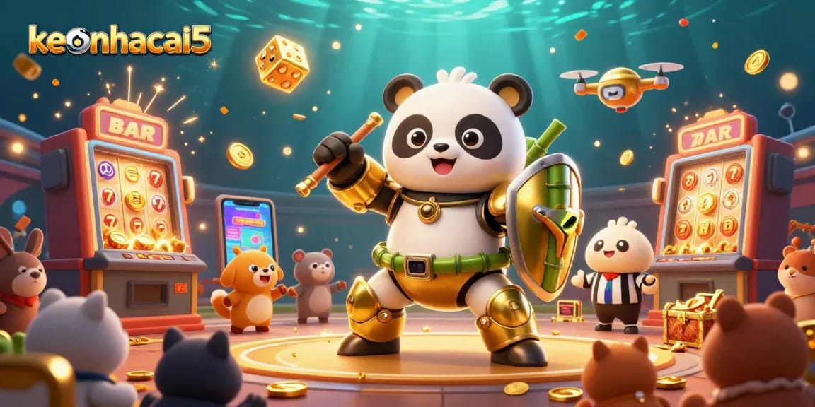 Engage with thrilling keonhacai5 gameplay amidst dynamic casino elements and a vibrant 3D illustration.