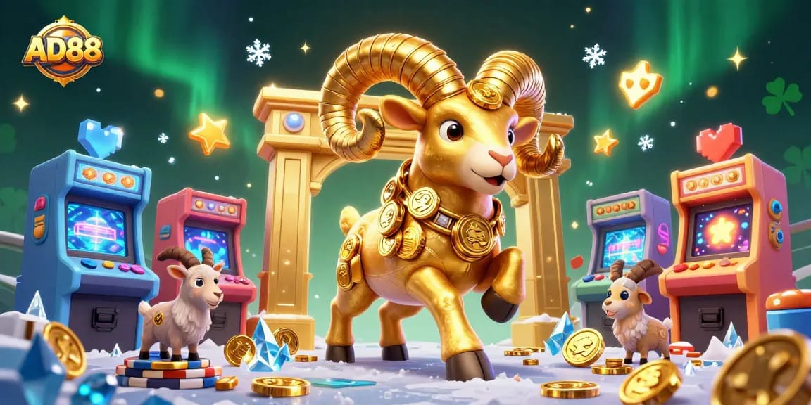 AD88 engages players with a 3D golden ram charging through casino-themed arcade elements and vibrant visuals.