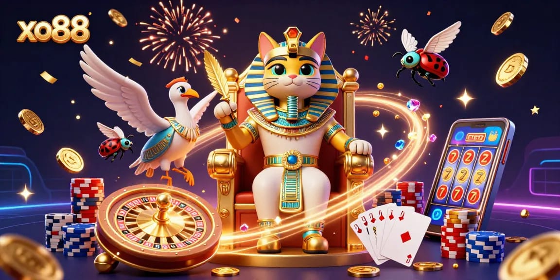 Experience the excitement of xo88 with vibrant gambling elements like gold coins, roulette, and stacked poker chips.