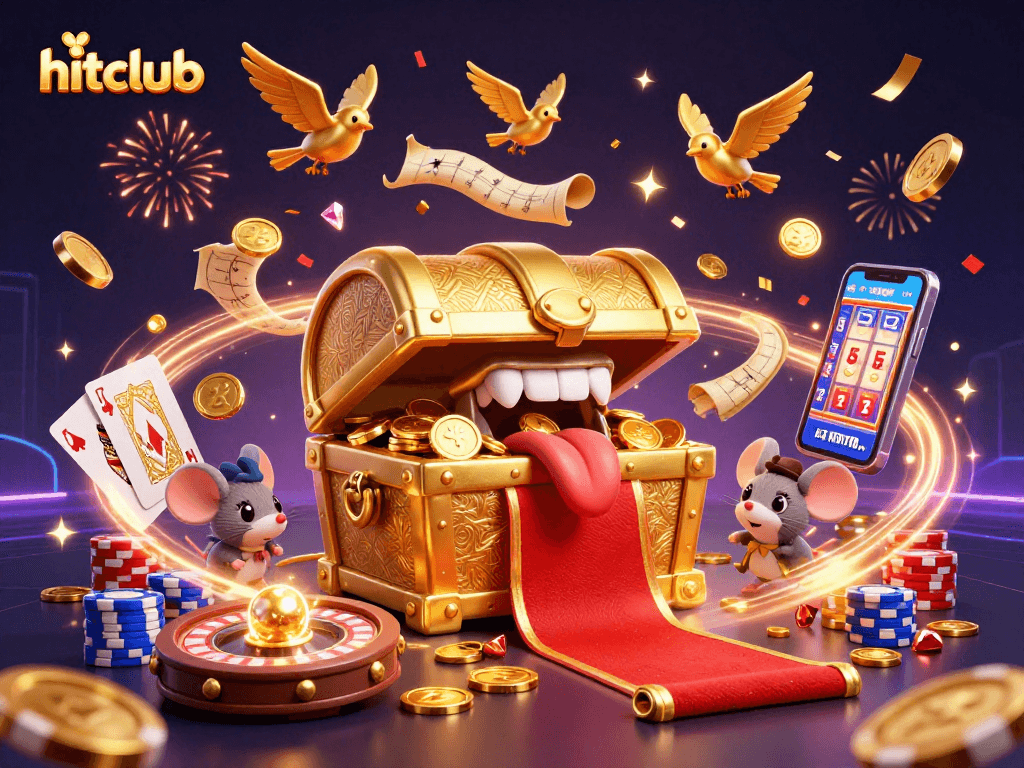 Join hitclub for an exciting adventure with a treasure chest, sparkling gems, and casino excitement!