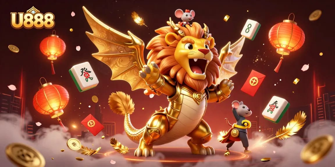 Experience the thrilling essence of U888 with a golden armored chimera roaring and a brave mouse jockey, amidst vibrant casino elements.