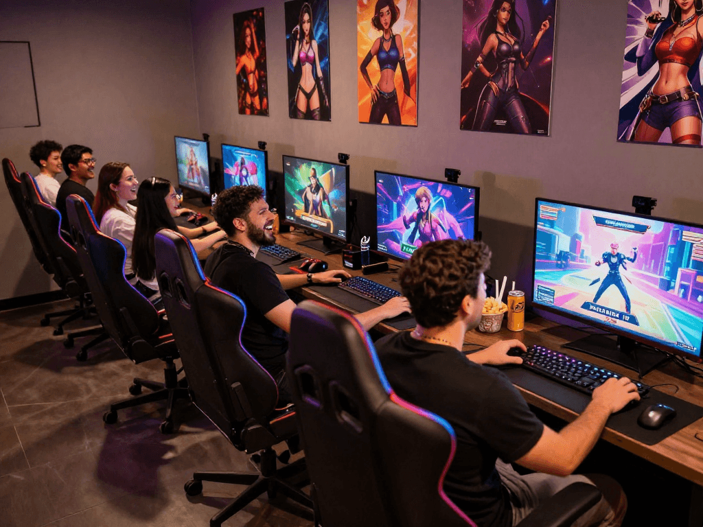 Play sex games in a modern gaming lounge filled with laughter and interactive displays.