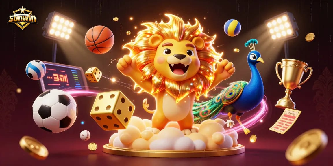 Sunwin showcases a triumphant 3D cartoon sun lion amidst vibrant sports elements in a captivating casino atmosphere.