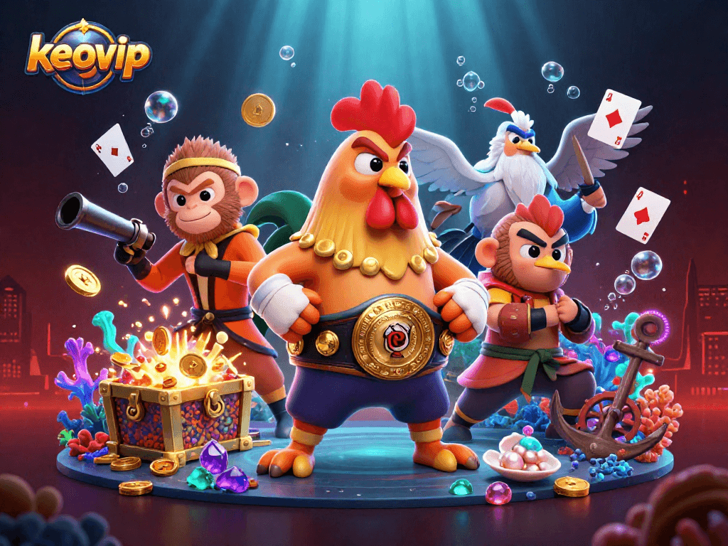 Experience keovip's vibrant casino adventure with a cartoon rooster, Shaolin monkey, and crane master amidst exciting game elements.