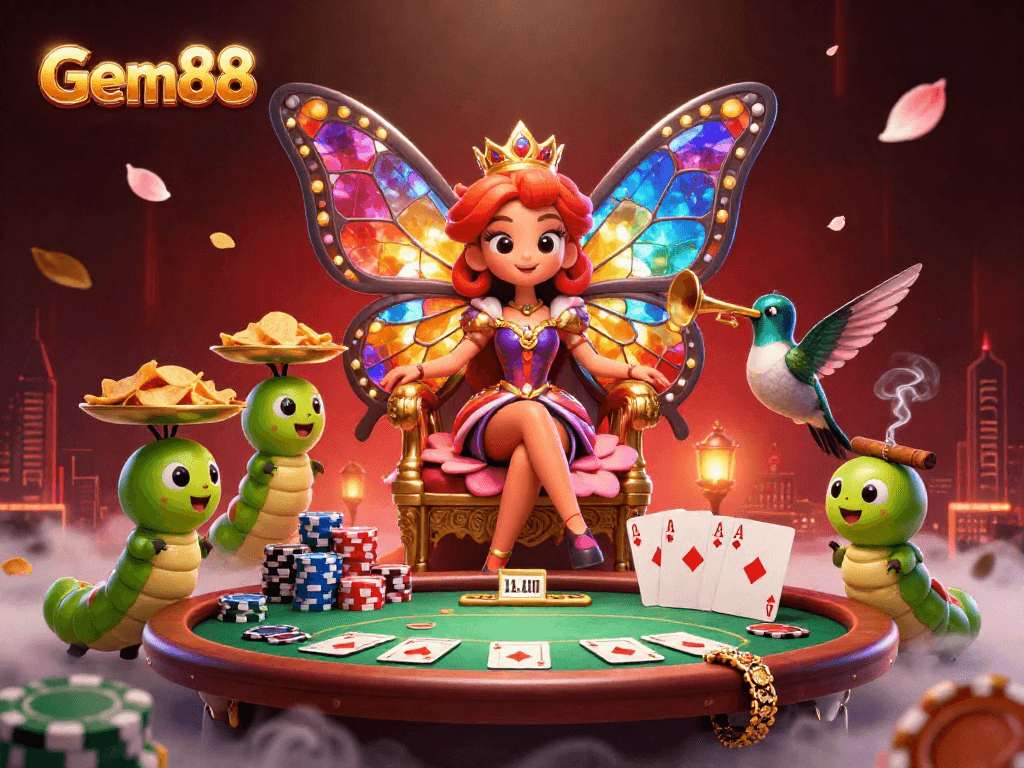 Engage with Gem88's vibrant casino atmosphere featuring a butterfly queen and poker elements.
