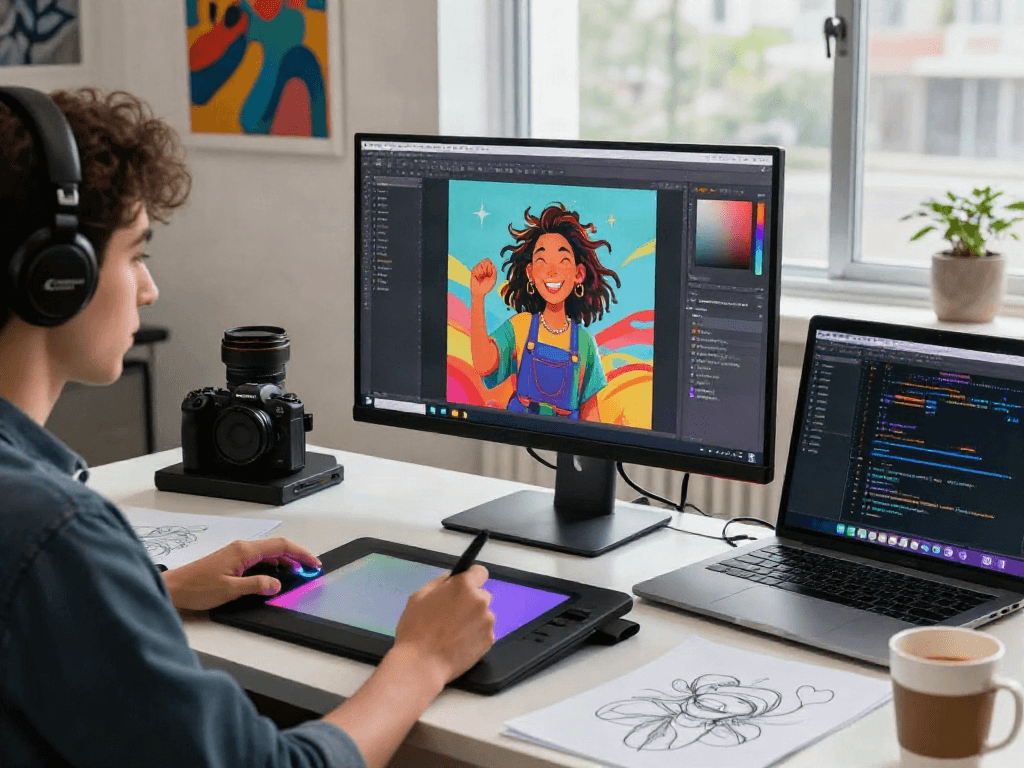 Creating NSFW AI artwork in a vibrant digital studio
