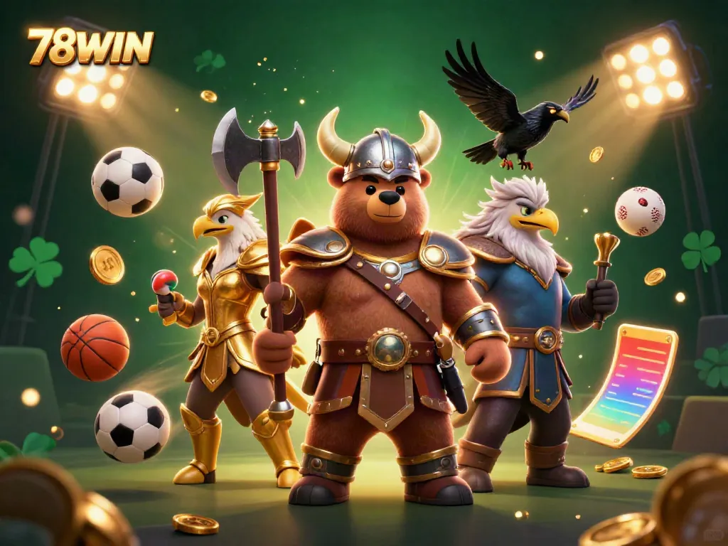 Experience the thrilling atmosphere of 78WIN with formidable characters and dynamic sports elements in a vibrant 3D casino scene.
