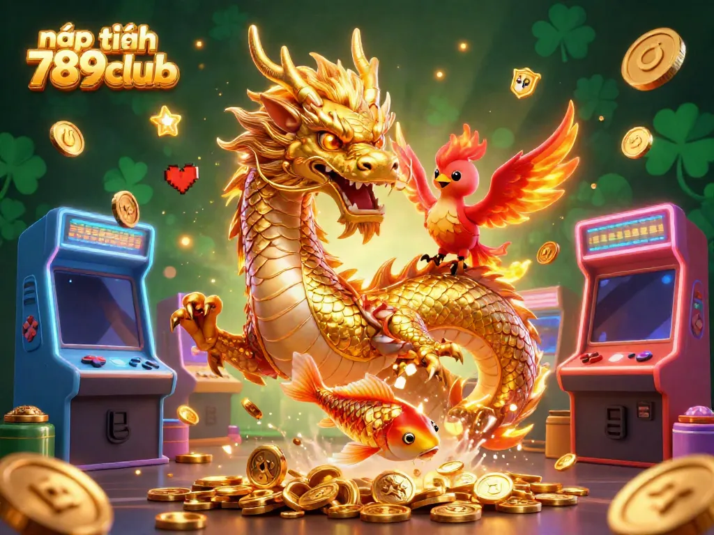 Join the exhilarating journey of nạp tiền 789club with this vibrant illustration showcasing a dragon, phoenix, and koi amidst gaming excitement.