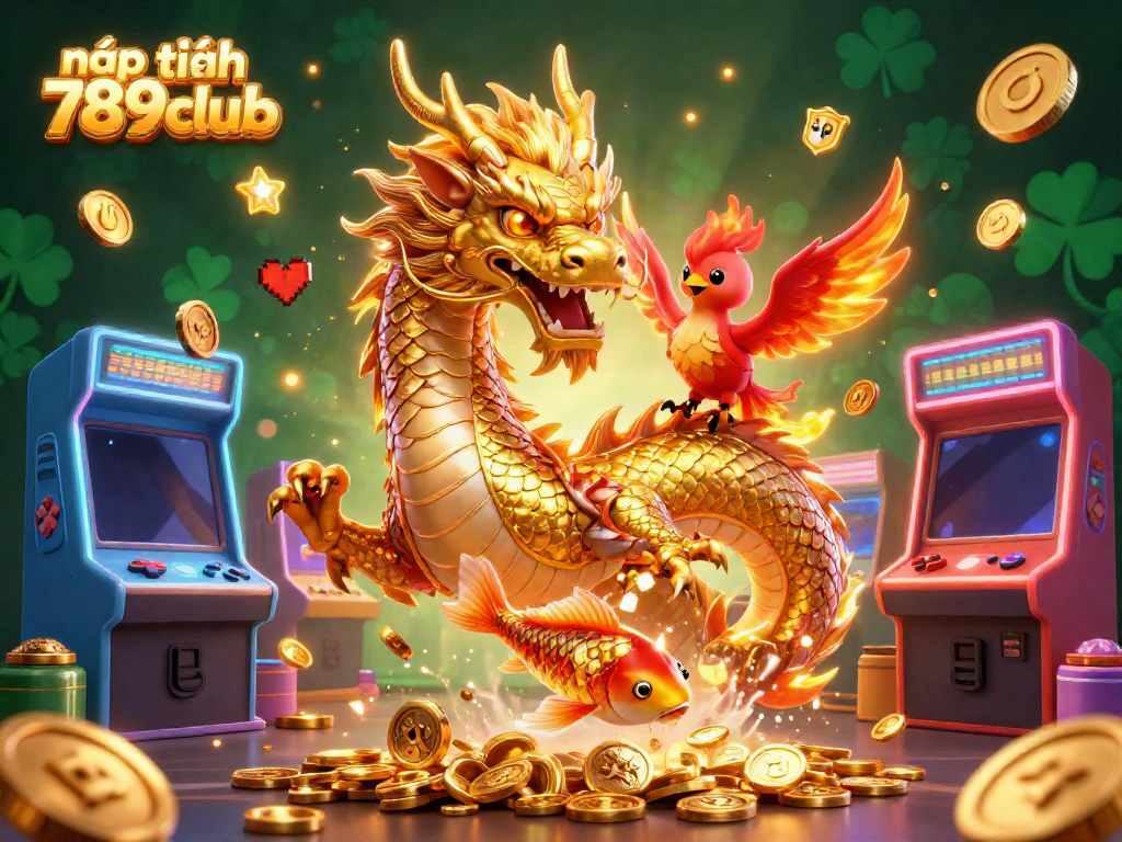Join the exhilarating journey of nạp tiền 789club with this vibrant illustration showcasing a dragon, phoenix, and koi amidst gaming excitement.