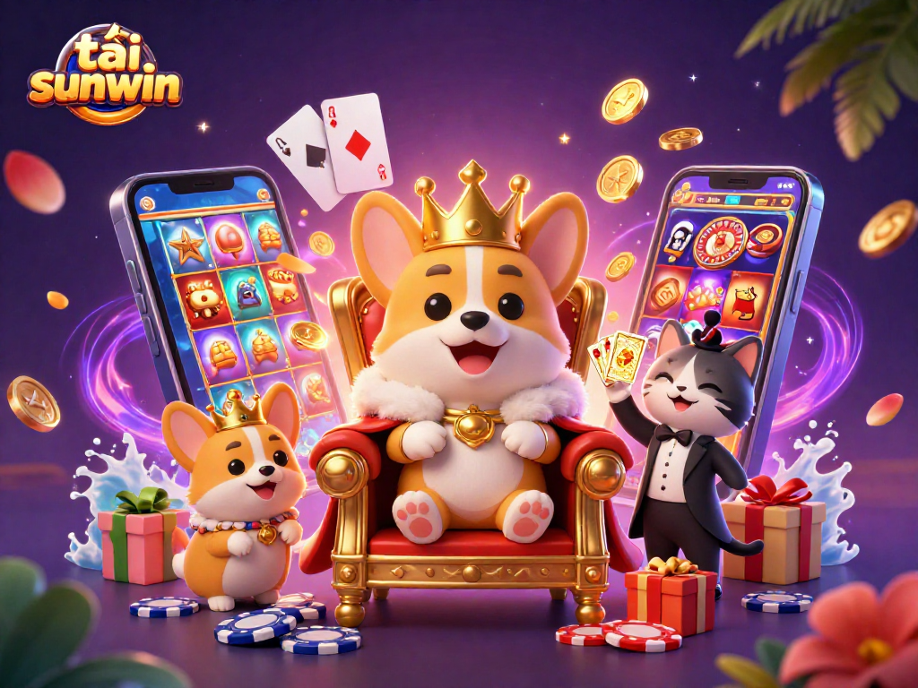 Experience the vibrant world of casino gaming with tải sunwin, featuring a royal corgi on a throne of poker chips.