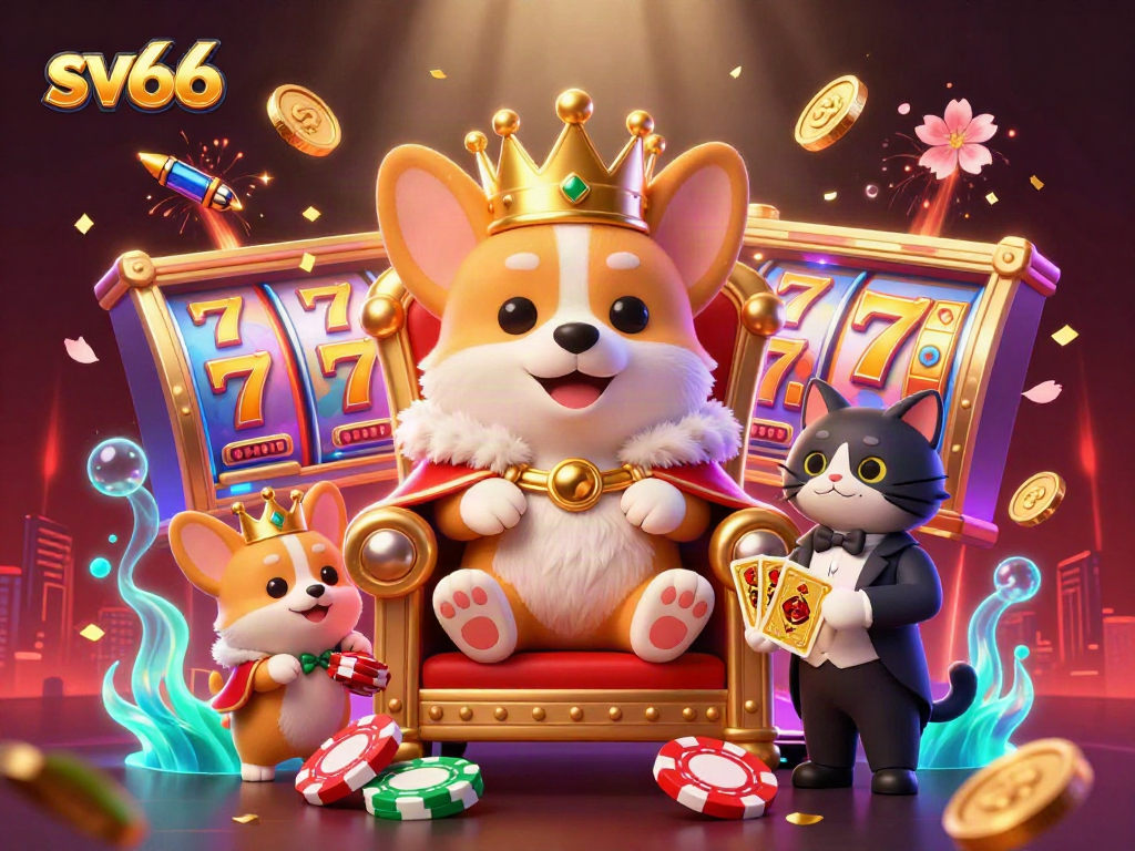 Experience the excitement of sv66 with a stunning 3D illustration of a royal corgi on poker chips.