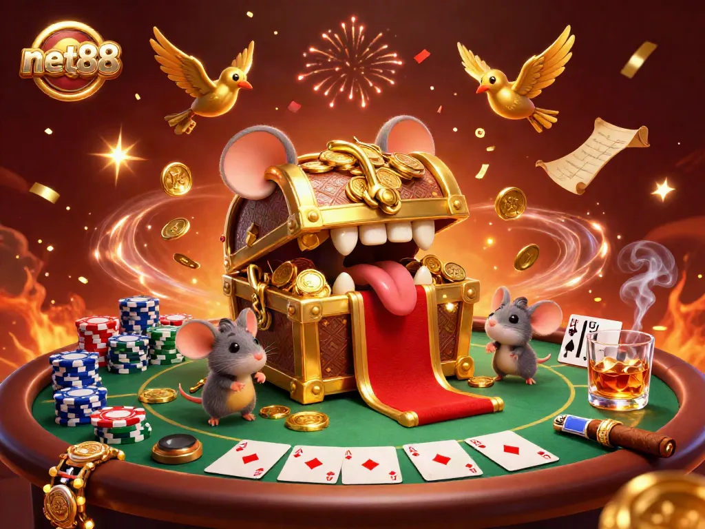 Engage in thrilling poker with net88 in this vibrant 3D casino scene featuring a golden treasure chest and poker elements.
