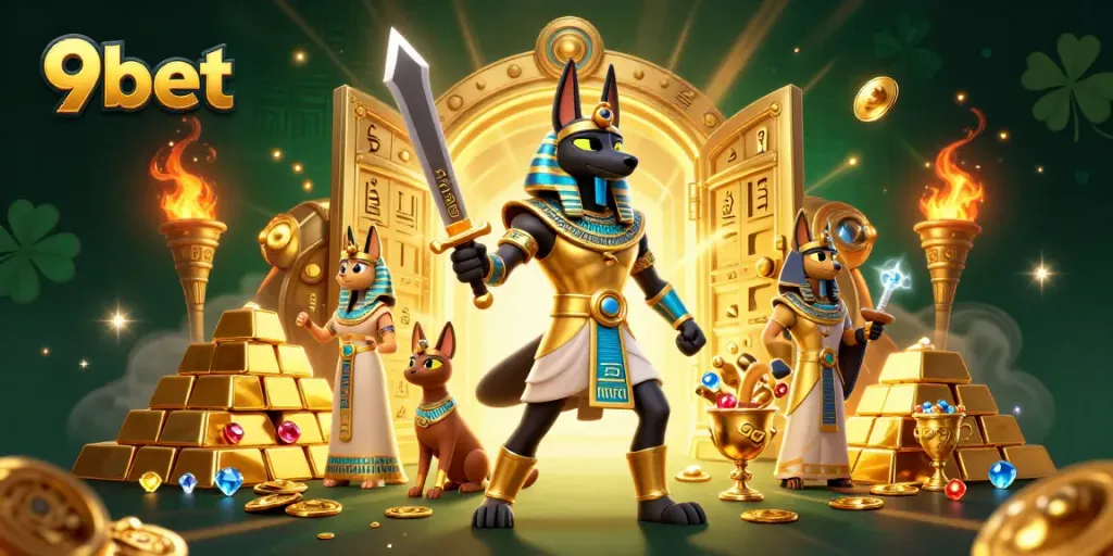 Engage with thrilling 9bet gaming elements displayed by Anubis and Bastet in a treasure-filled scene.