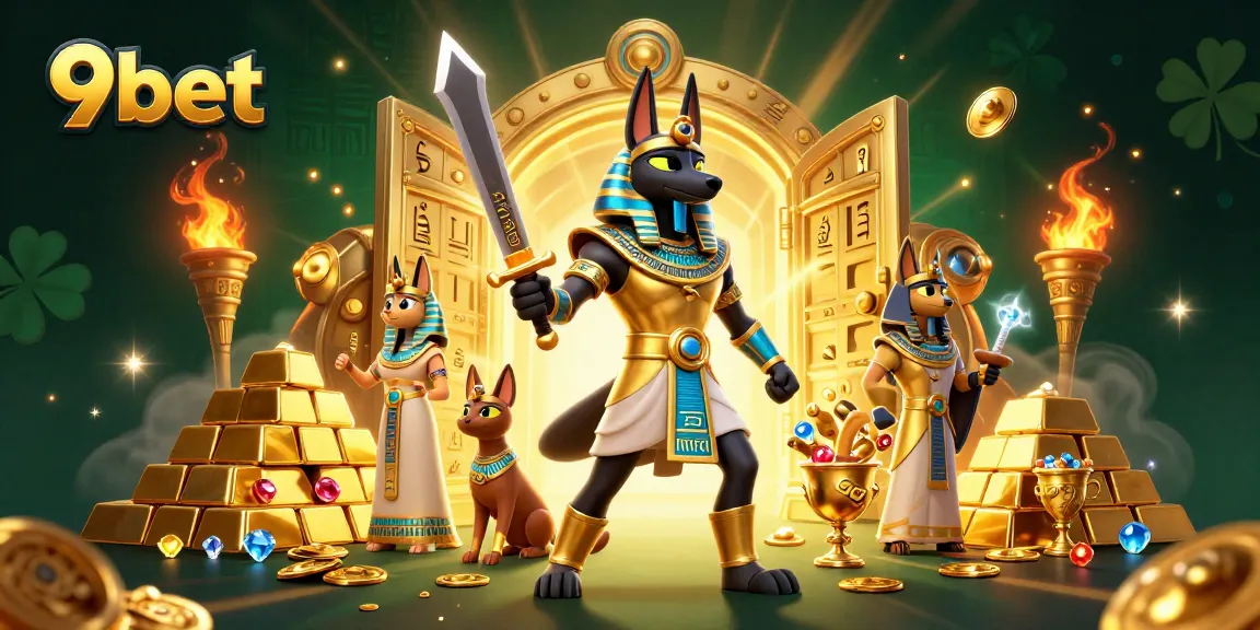 Engage with thrilling 9bet gaming elements displayed by Anubis and Bastet in a treasure-filled scene.