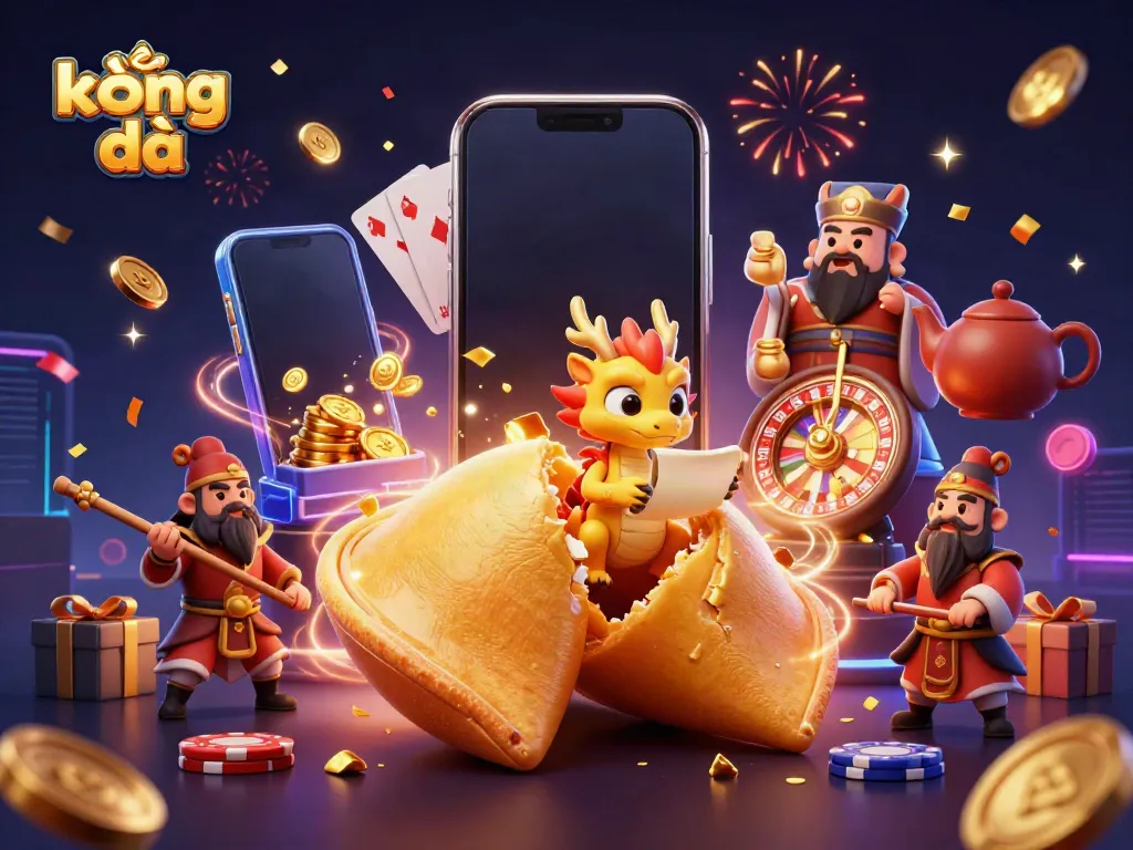 Experience thrilling kèo bóng đá action with a giant fortune cookie and wise dragon amidst vibrant casino elements.