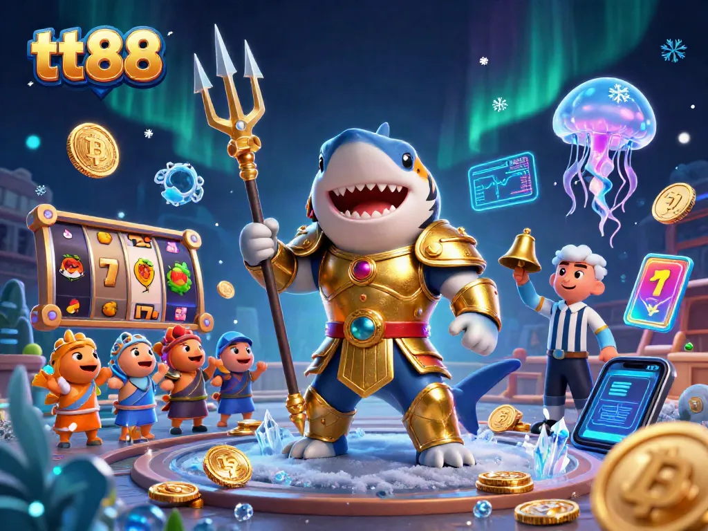 tt88 provides a thrilling underwater gambling experience with a golden tiger shark in action.