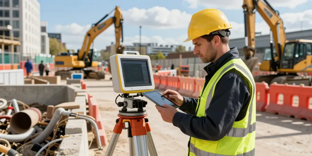 PAS 128 Survey London - Surveyor using ground-penetrating radar equipment on urban construction site.
