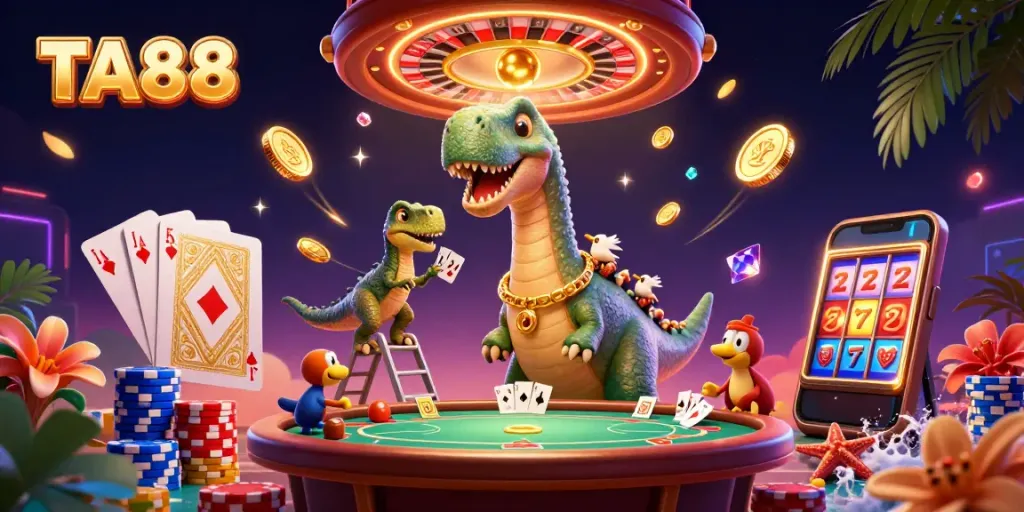 TA88 showcases an adventurous scene with a giant dinosaur at a poker table, surrounded by casino elements.