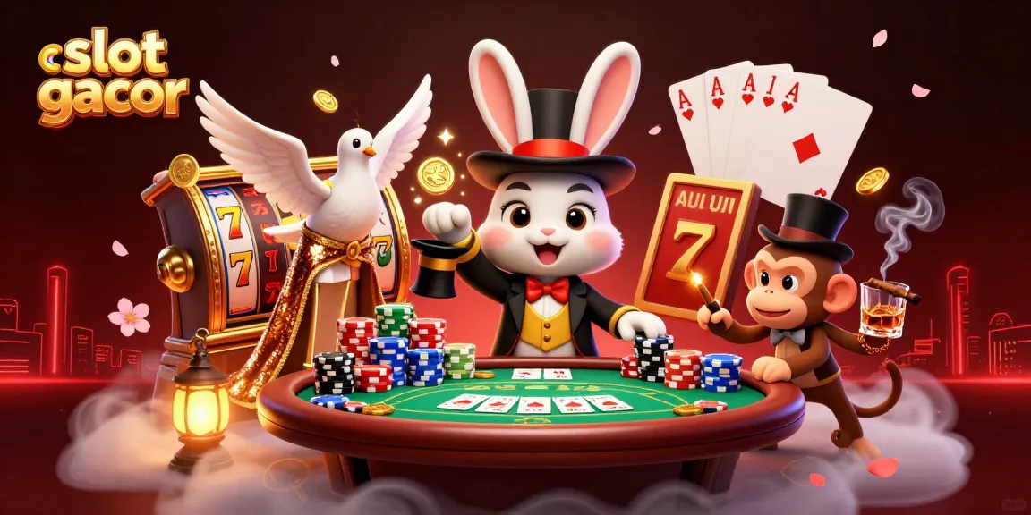 Experience the excitement of slot gacor with a magician rabbit, dove, and monkey in a dynamic casino scene.