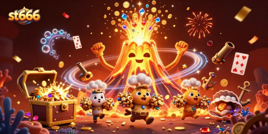 Engage in thrilling gameplay at st666 with a dynamic scene of treasure and excitement.