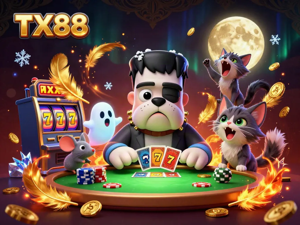 TX88 engages players with lively slot machine action and captivating characters in a vibrant casino scene.
