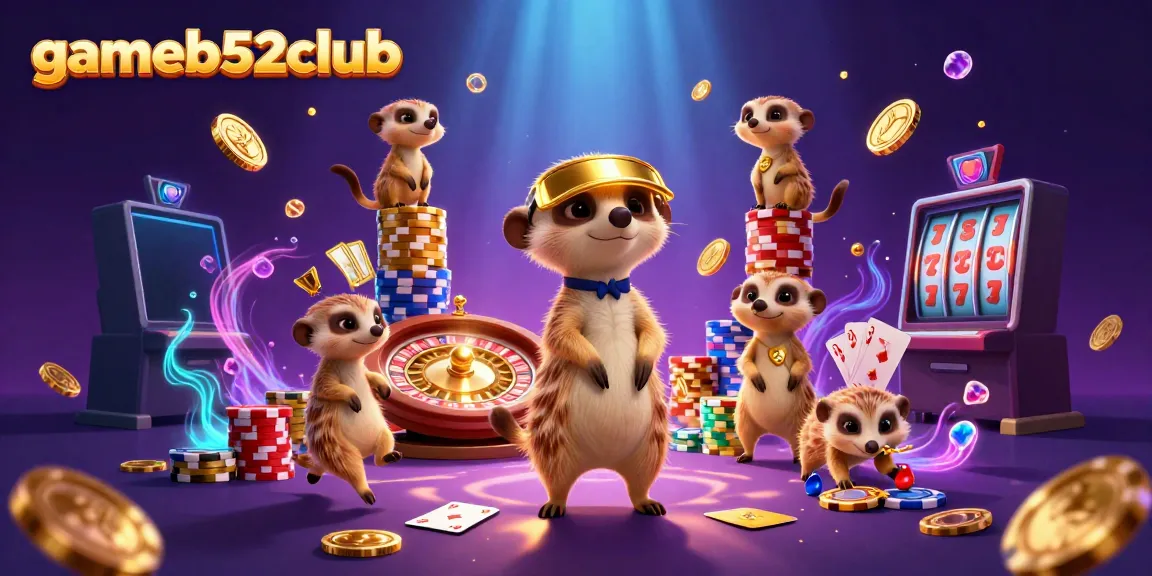 Experience the excitement of gameb52club with meerkats running a lively casino, showcasing vibrant elements.