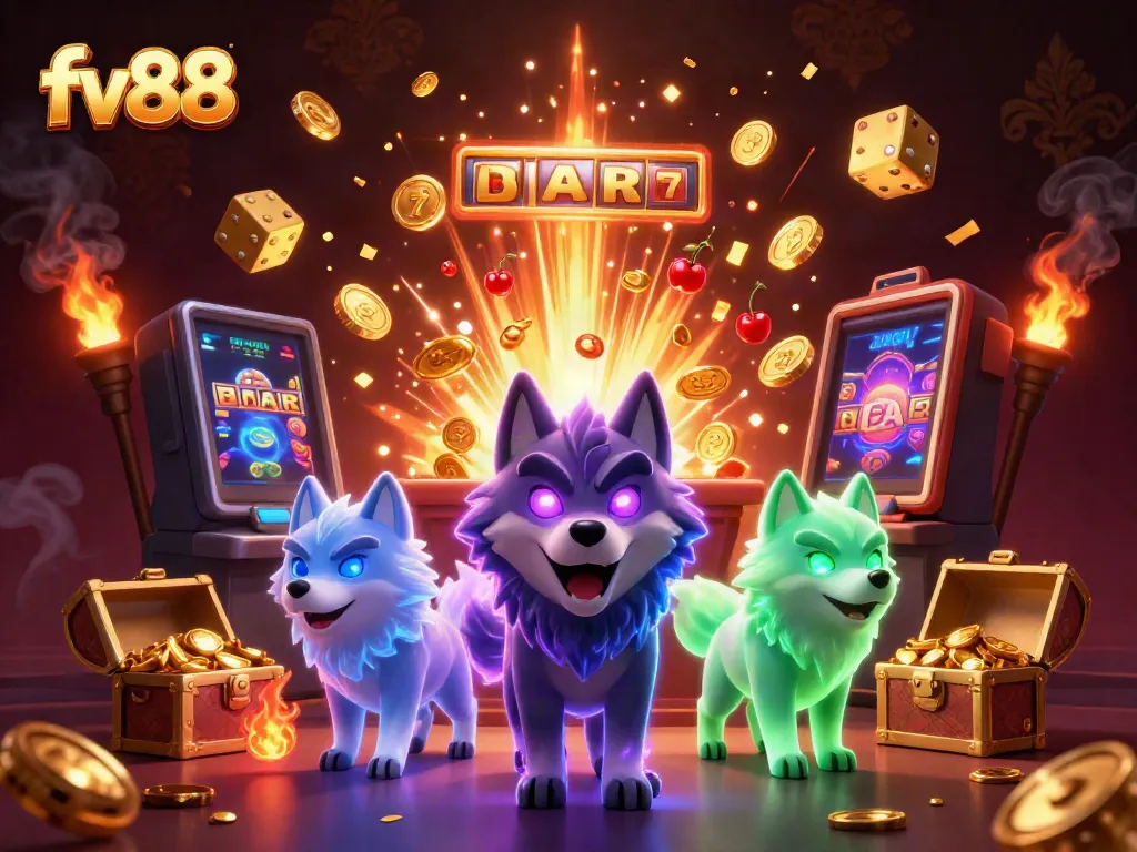 Spin the reels with fv88 as an epic wolf leader and friends witness jackpots and casino excitement.