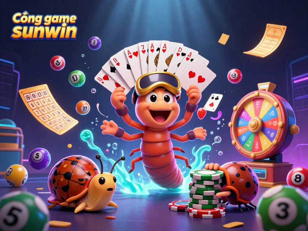 Engage with Cổng game sunwin through vibrant gaming scenes featuring playful characters and dynamic lottery elements.