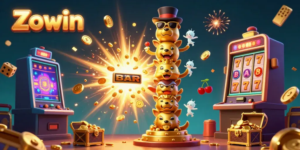 Zowin's exciting casino experience illustrated with vibrant slot machines and totem characters.