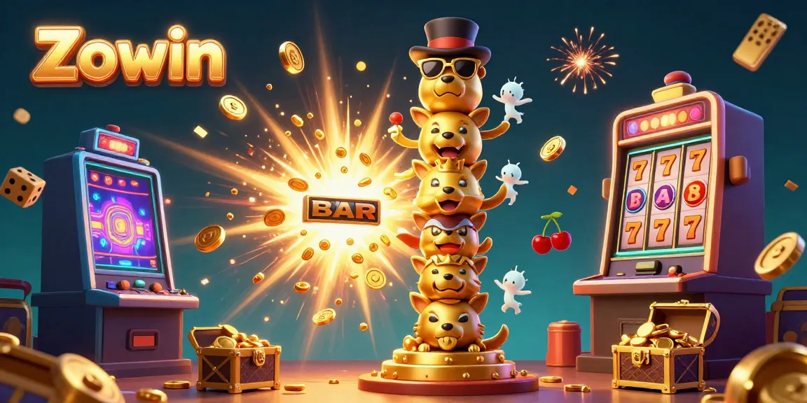 Zowin's exciting casino experience illustrated with vibrant slot machines and totem characters.