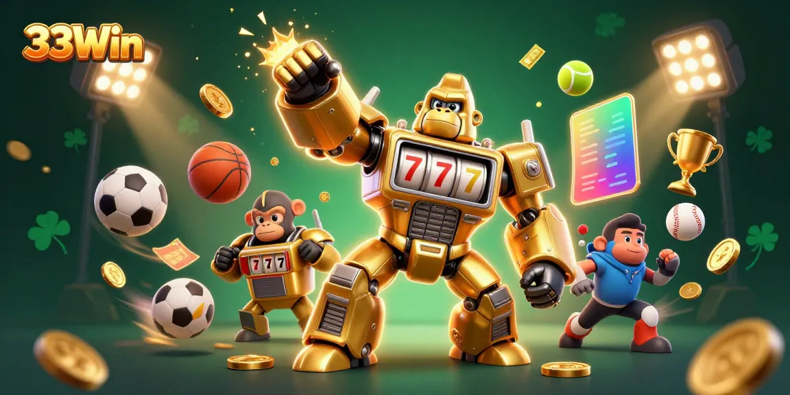 33Win's dynamic illustration features a golden gorilla mech celebrating wins with coins, sports balls, and vibrant elements.