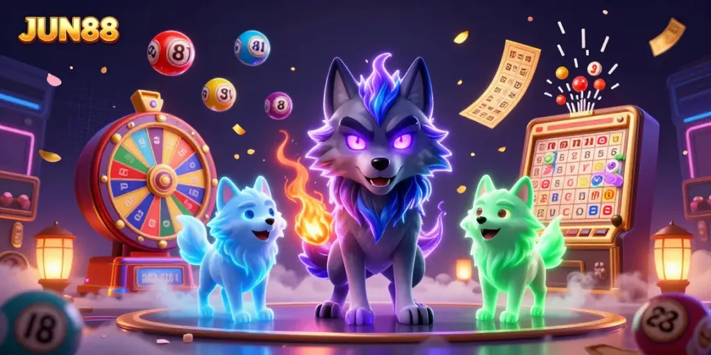 Experience the excitement of JUN88 with dynamic games and vibrant elements in a thrilling casino scene.
