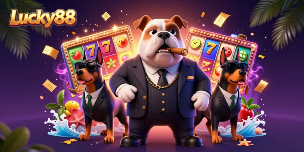 Spin to win with Lucky88 as dazzling slot reels, fruity symbols, and jackpot counters enhance gaming excitement.