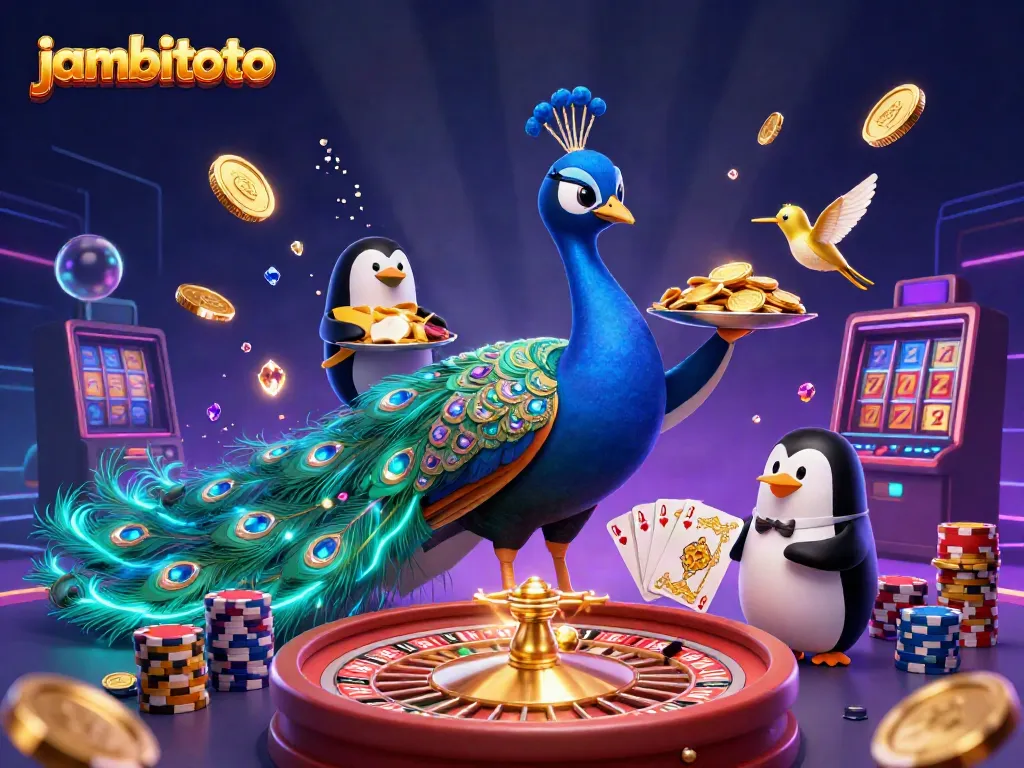 Experience excitement at jambitoto with a vibrant 3D casino scene showcasing dynamic game elements.