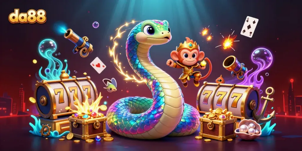 da88 players winning huge jackpots in a vibrant 3D casino scene with a rainbow serpent and playful elements