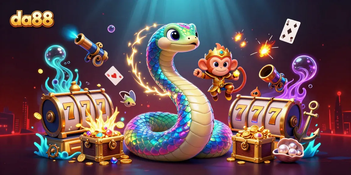 da88 players winning huge jackpots in a vibrant 3D casino scene with a rainbow serpent and playful elements