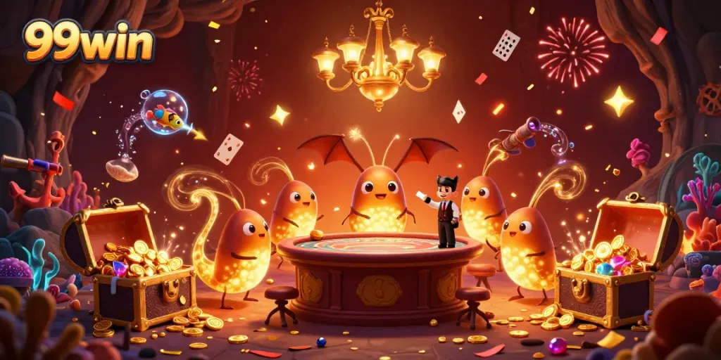Play exciting games at 99win, featuring a lively scene with glowworms lighting up a virtual casino.