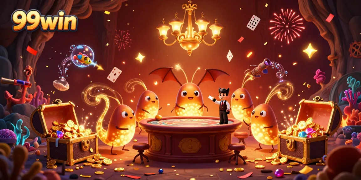 Play exciting games at 99win, featuring a lively scene with glowworms lighting up a virtual casino.