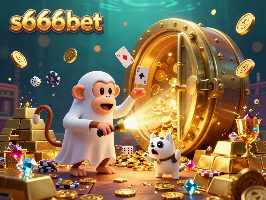 Experience excitement with s666bet in a vibrant casino scene featuring a mischievous monkey and a ghost-hunter puppy.