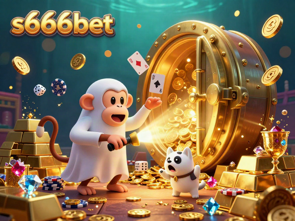 Experience excitement with s666bet in a vibrant casino scene featuring a mischievous monkey and a ghost-hunter puppy.