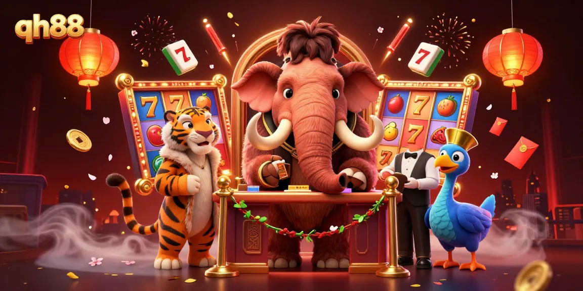 Experience vibrant gaming at qh88 with a woolly mammoth bouncer and saber-tooth VIP in a colorful casino scene.