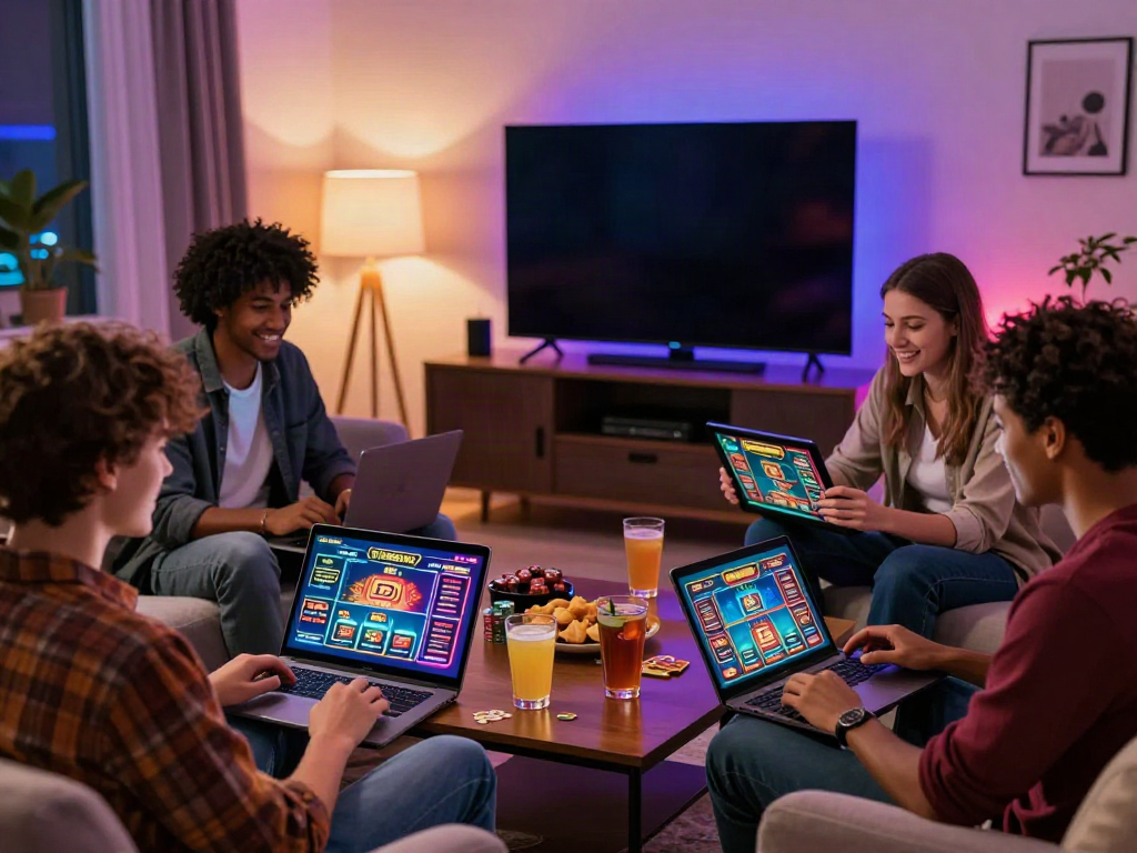 Friends enjoying online gaming at casinos not on Gamstop UK in a cozy setting.