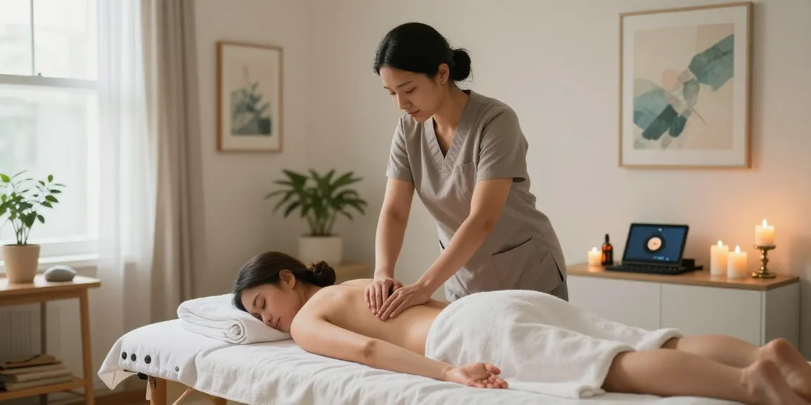 Professional 서초출장안마 in a serene spa setting, therapist providing a calming massage therapy.