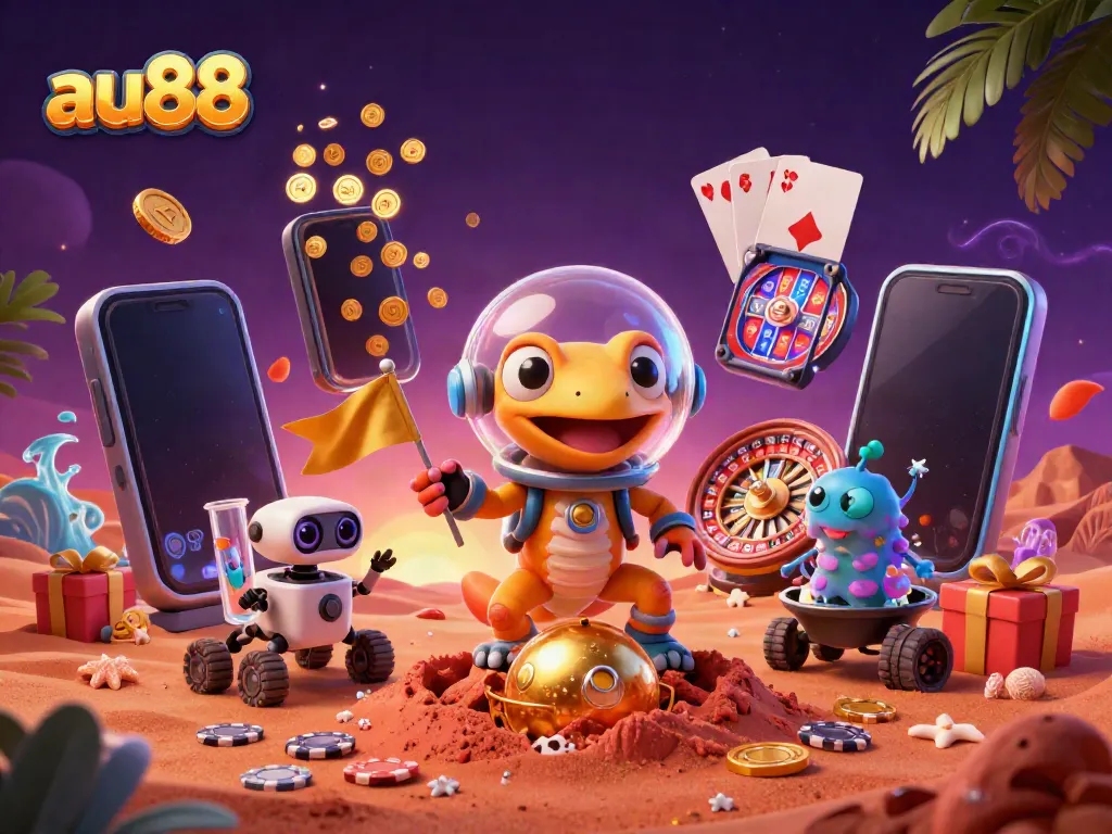 Experience the thrill of AU88 with a Martian gecko discovering a golden casino on Mars, showcasing exciting game elements.