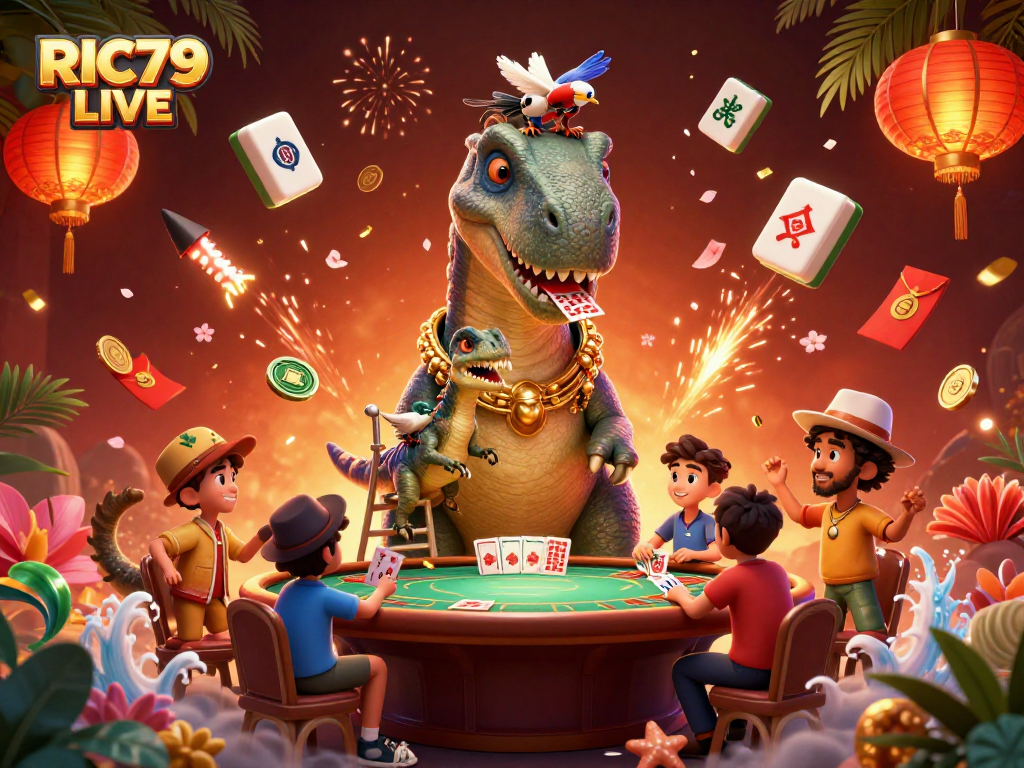 Interact with RIC79 LIVE at a vibrant casino with a giant brontosaurus and dynamic games.