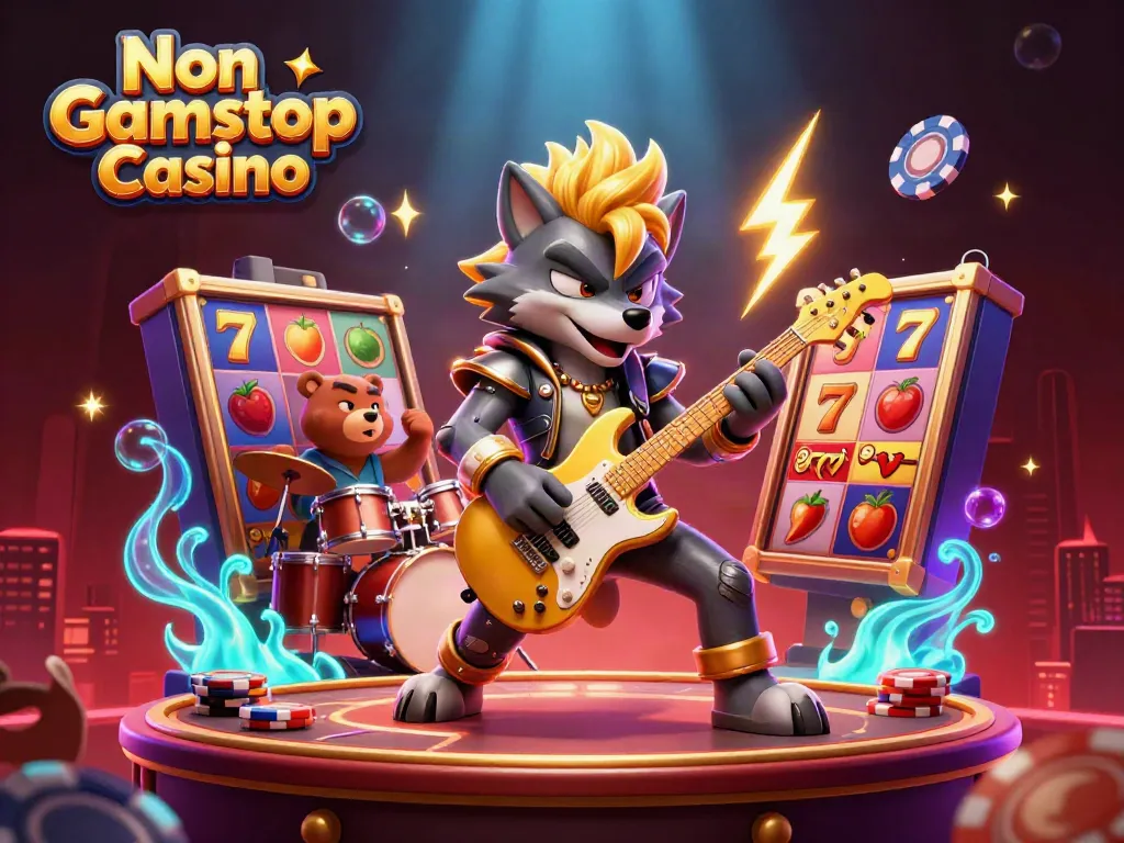 Engage with the thrilling atmosphere of a Non Gamstop Casino scene featuring vibrant characters and dynamic gaming elements.