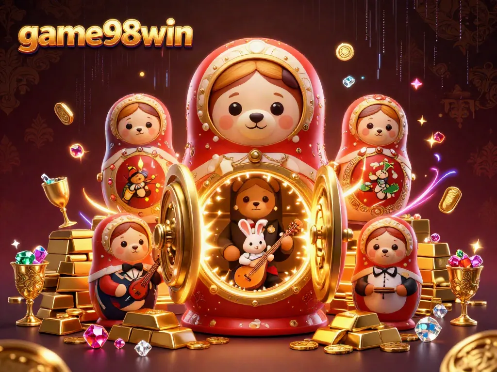Engage at game98win with a vibrant 3D casino scene showcasing a delightful bear and rabbit amongst riches.