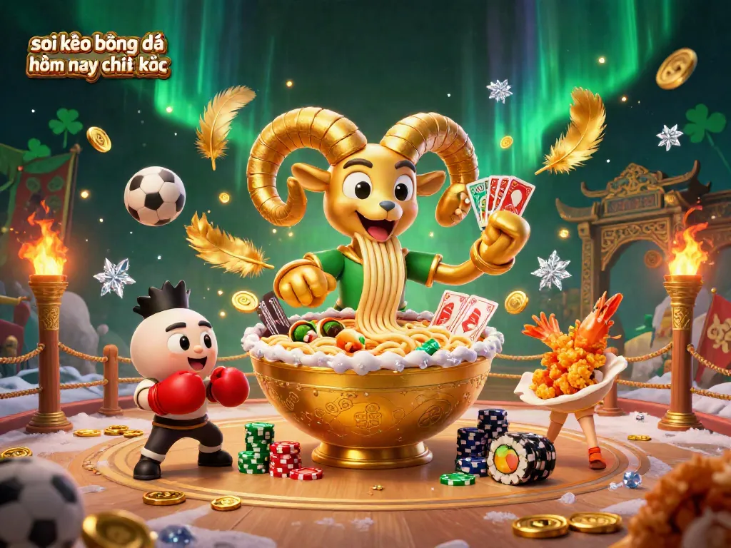 Soi kèo bóng đá hôm nay chính xác illustrated scene featuring a golden ramen bowl handling cards and chips.